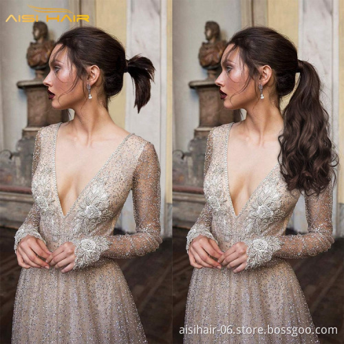 Aisi curly braiding ponytail hairpiece magic paste ombre brown burgundy tape clip in pony tail synthetic hair extension